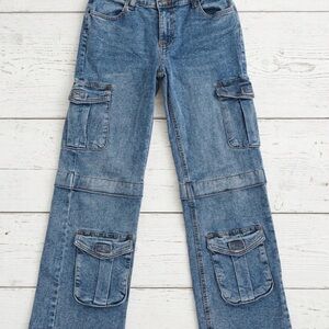 ChicConnect Vintage Blue Cargo Utility Jeans Junior 5 Y2K Baggy Wide Leg Denim